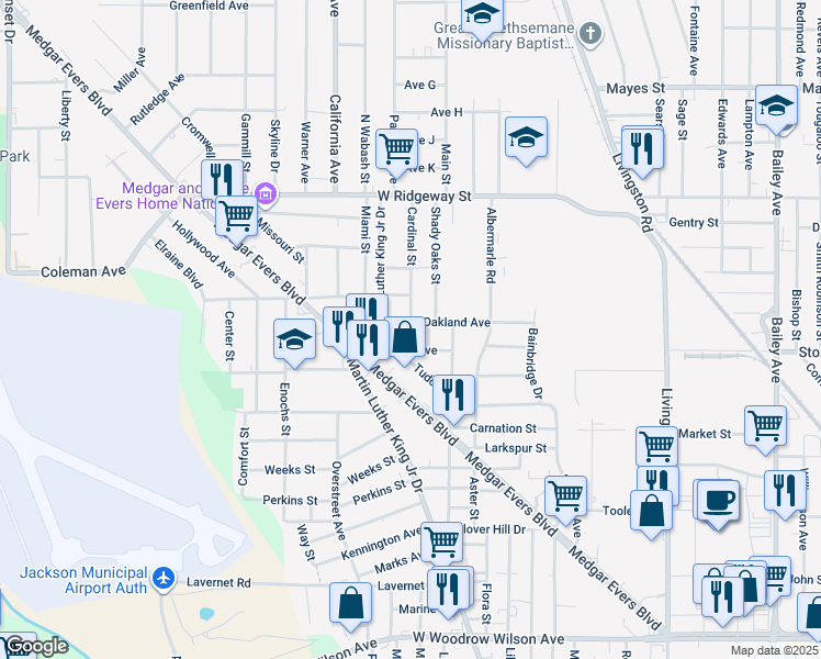 map of restaurants, bars, coffee shops, grocery stores, and more near 1901 Oakland Ave in Jackson