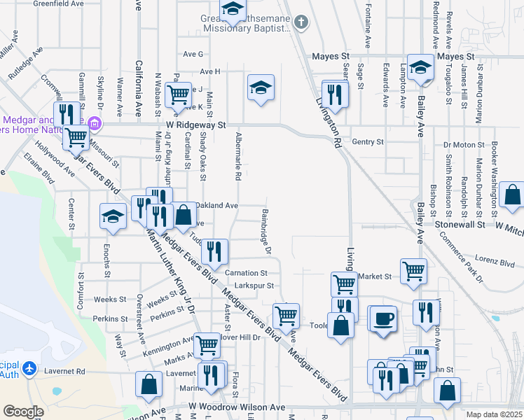 map of restaurants, bars, coffee shops, grocery stores, and more near 1635 Oakland Avenue in Jackson