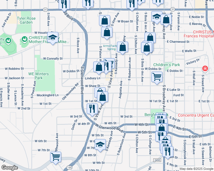 map of restaurants, bars, coffee shops, grocery stores, and more near 717-799 West Shaw Street in Tyler