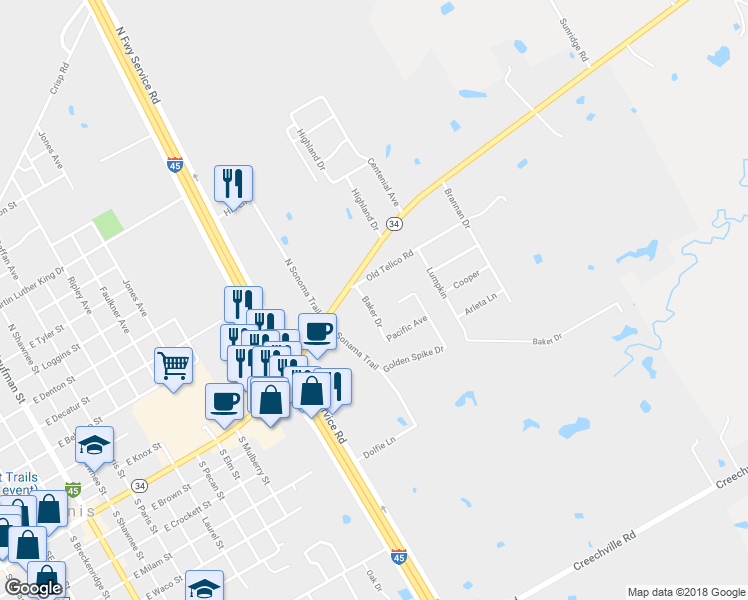 map of restaurants, bars, coffee shops, grocery stores, and more near 104 Baker Drive in Ennis