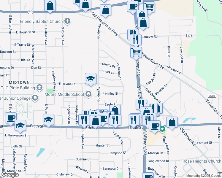map of restaurants, bars, coffee shops, grocery stores, and more near 2407 East Devine Street in Tyler