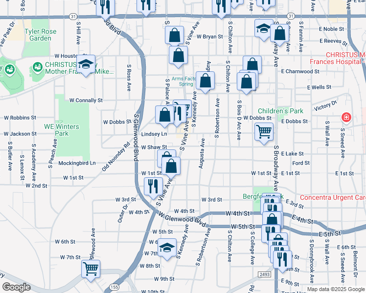 map of restaurants, bars, coffee shops, grocery stores, and more near 799 West Shaw Street in Tyler