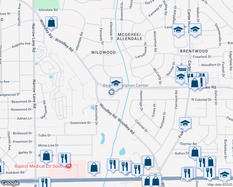 map of restaurants, bars, coffee shops, grocery stores, and more near 2525 Churchill Drive in Montgomery