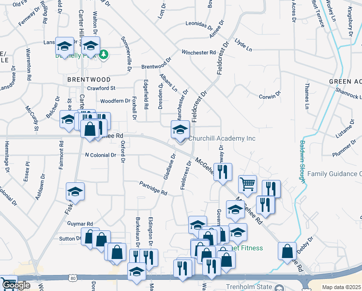 map of restaurants, bars, coffee shops, grocery stores, and more near 3265 McGehee Road in Montgomery
