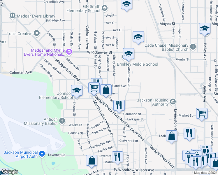 map of restaurants, bars, coffee shops, grocery stores, and more near 1901 Oakland Avenue in Jackson