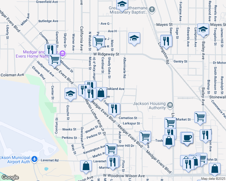 map of restaurants, bars, coffee shops, grocery stores, and more near 1805 Oakland Avenue in Jackson