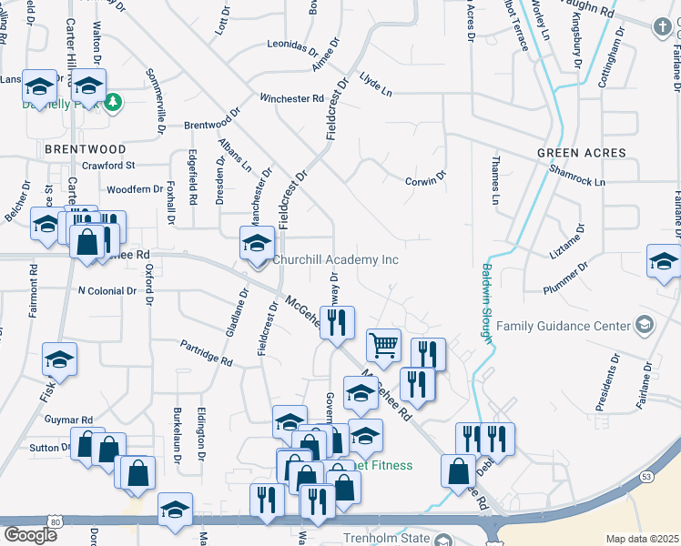 map of restaurants, bars, coffee shops, grocery stores, and more near 3631 Fernway Dr in Montgomery