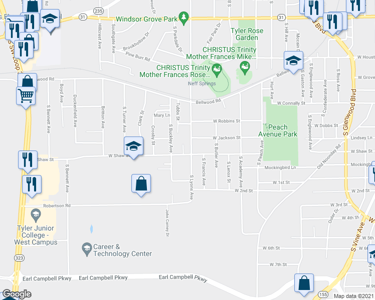 map of restaurants, bars, coffee shops, grocery stores, and more near 1023 South Lyons Avenue in Tyler