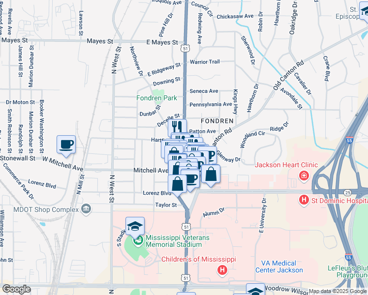 map of restaurants, bars, coffee shops, grocery stores, and more near 3300 North State Street in Jackson