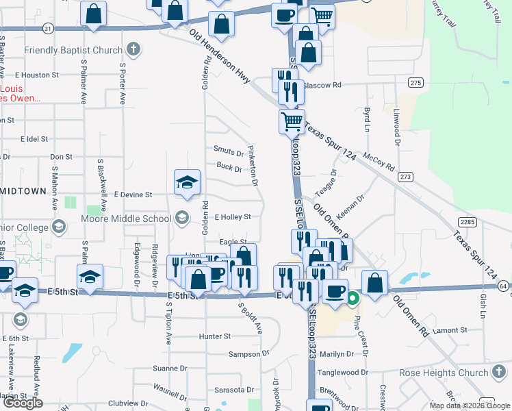 map of restaurants, bars, coffee shops, grocery stores, and more near 2443 E Devine St in Tyler