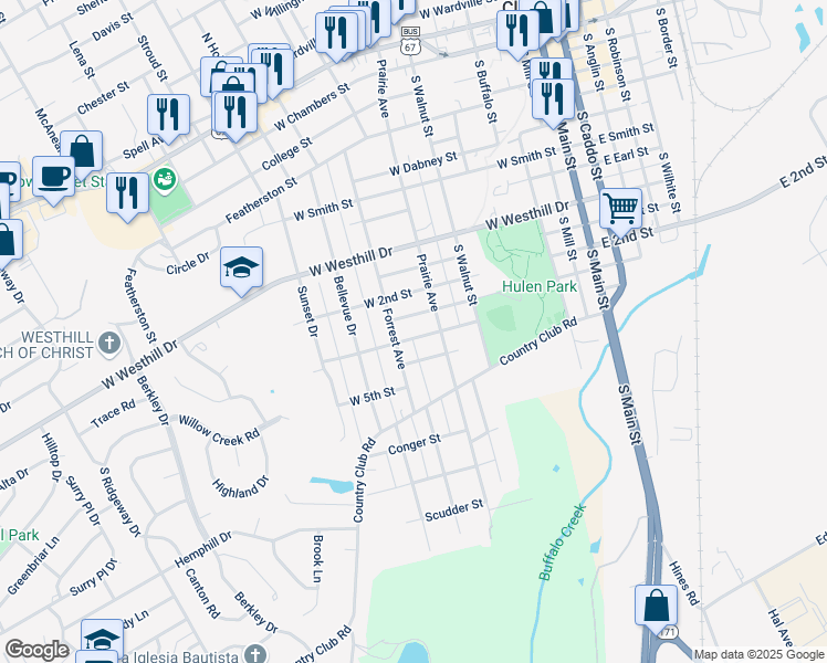 map of restaurants, bars, coffee shops, grocery stores, and more near 711 Forrest Avenue in Cleburne