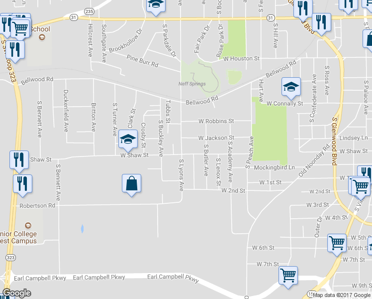 map of restaurants, bars, coffee shops, grocery stores, and more near 2205 West Shaw Street in Tyler