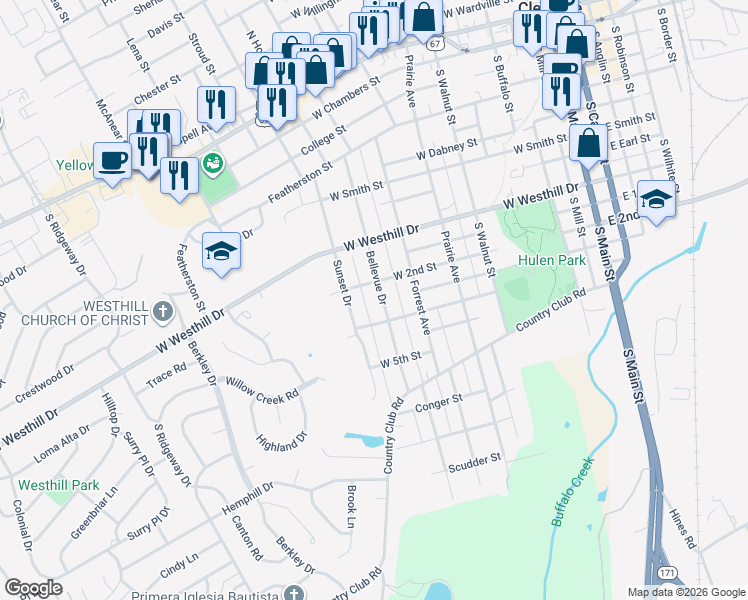 map of restaurants, bars, coffee shops, grocery stores, and more near 409 Bellevue Drive in Cleburne