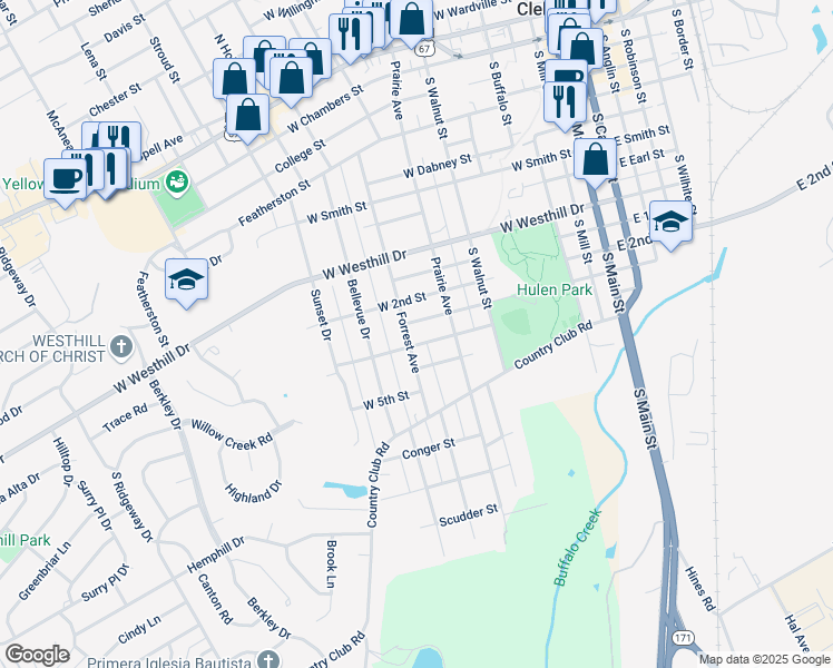 map of restaurants, bars, coffee shops, grocery stores, and more near 711 Forrest Avenue in Cleburne