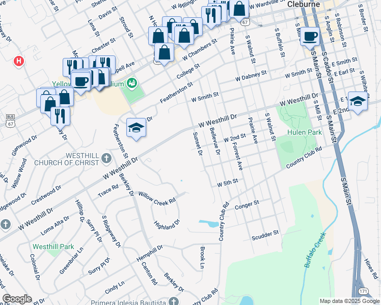 map of restaurants, bars, coffee shops, grocery stores, and more near 402 Sunset Drive in Cleburne