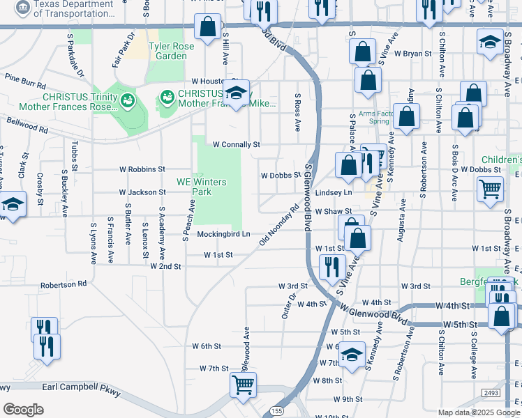 map of restaurants, bars, coffee shops, grocery stores, and more near 1317 West Shaw Street in Tyler