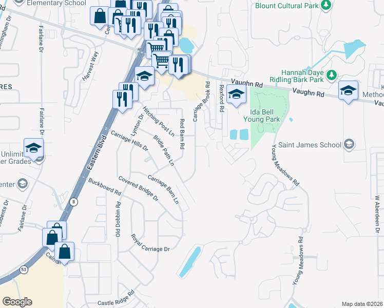 map of restaurants, bars, coffee shops, grocery stores, and more near 5740 Carriage Brook Road in Montgomery