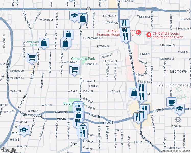 map of restaurants, bars, coffee shops, grocery stores, and more near 309 East Rix Street in Tyler