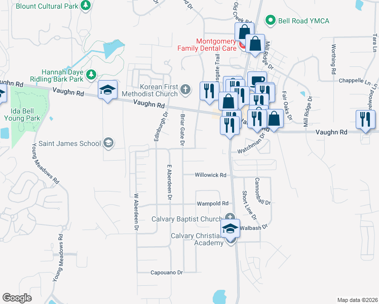 map of restaurants, bars, coffee shops, grocery stores, and more near 2100 Briar Gate Drive in Montgomery