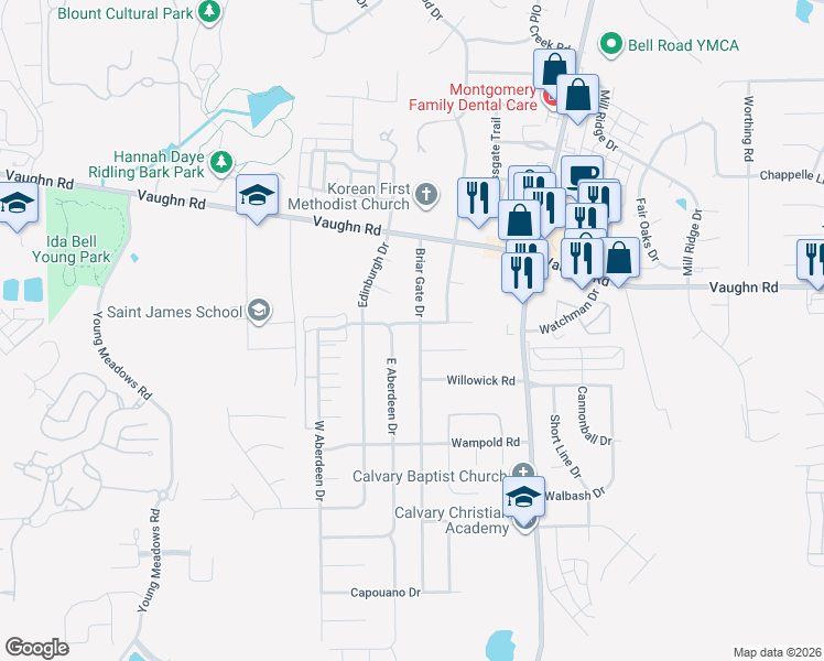map of restaurants, bars, coffee shops, grocery stores, and more near 2100 Briar Gate Drive in Montgomery