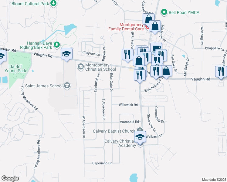 map of restaurants, bars, coffee shops, grocery stores, and more near 2100 Briar Gate Drive in Montgomery