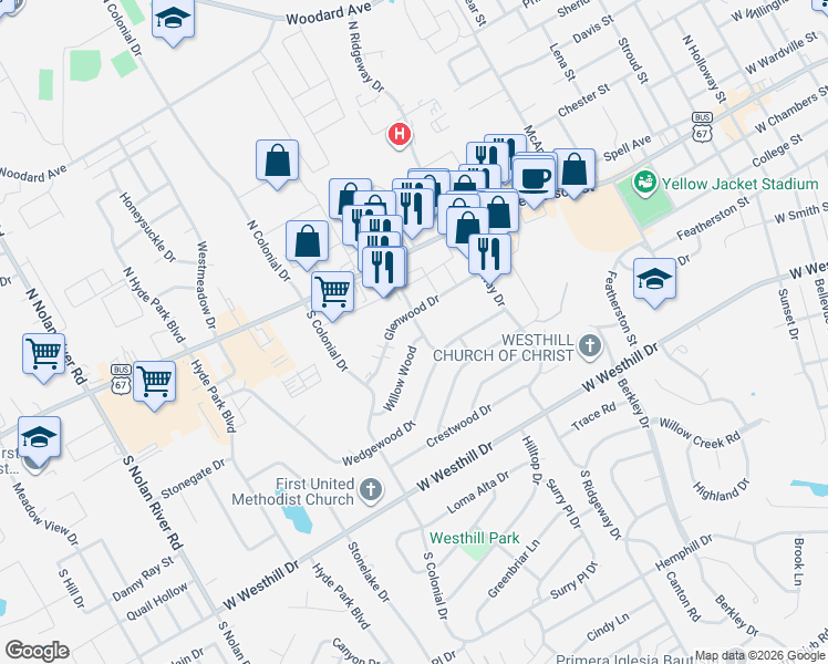 map of restaurants, bars, coffee shops, grocery stores, and more near 1224 Willow Wood in Cleburne
