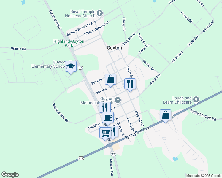 map of restaurants, bars, coffee shops, grocery stores, and more near 507 Church St in Guyton