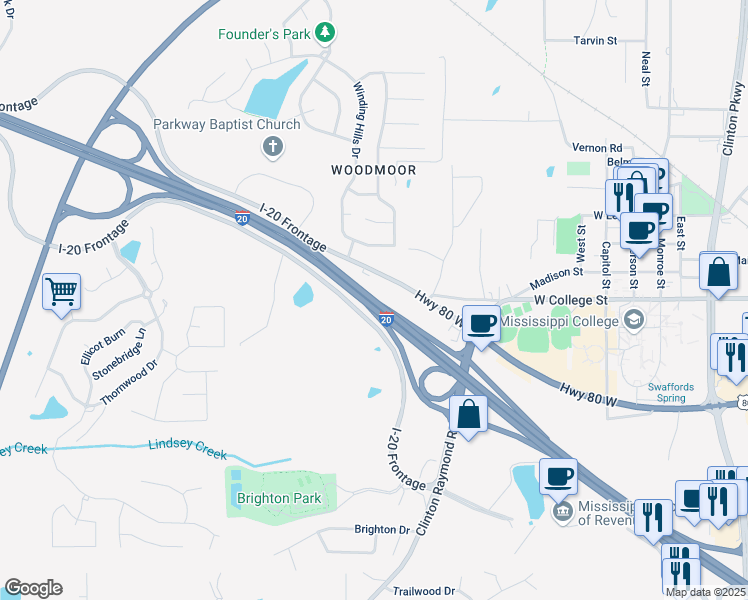 map of restaurants, bars, coffee shops, grocery stores, and more near Interstate 20 in Clinton