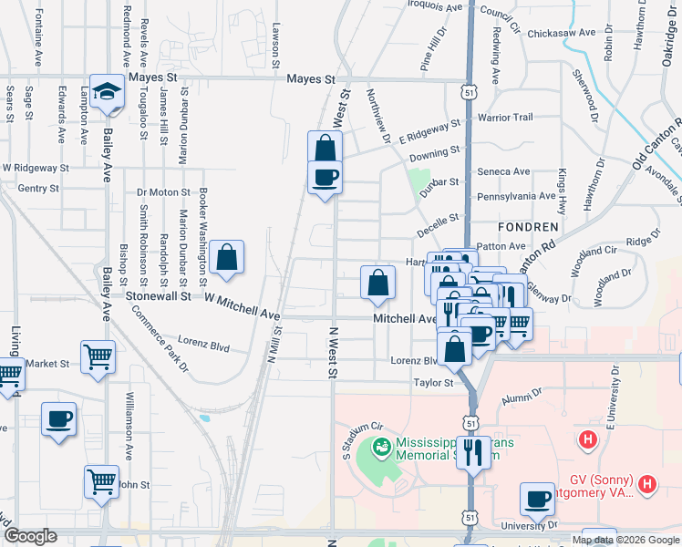map of restaurants, bars, coffee shops, grocery stores, and more near 214 Gaddis Street in Jackson