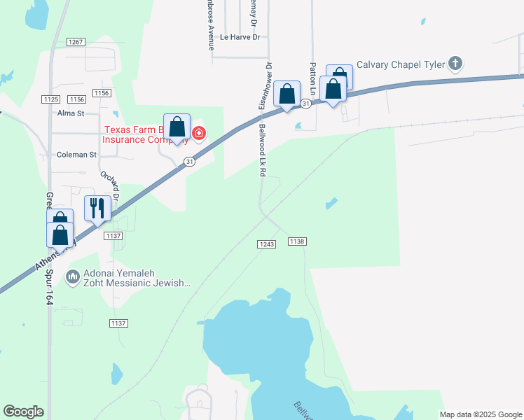 map of restaurants, bars, coffee shops, grocery stores, and more near 9175 County Road 1138 in Tyler