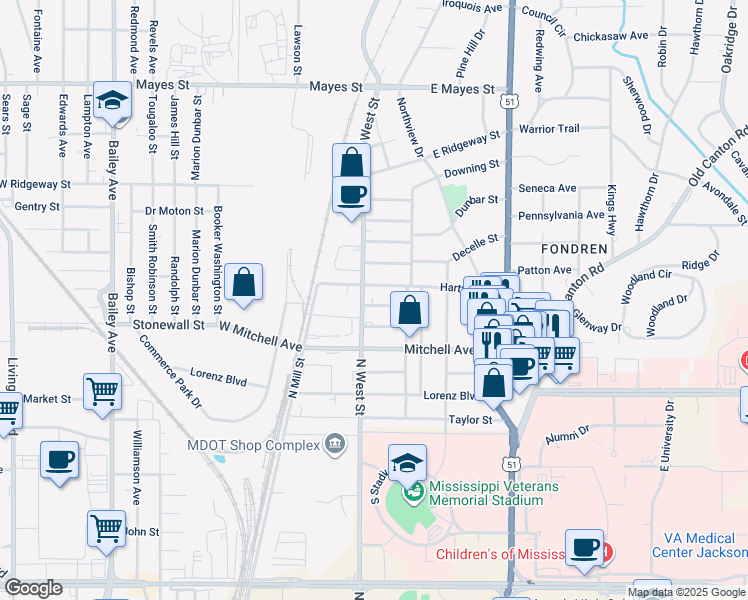 map of restaurants, bars, coffee shops, grocery stores, and more near 214 Gaddis Street in Jackson