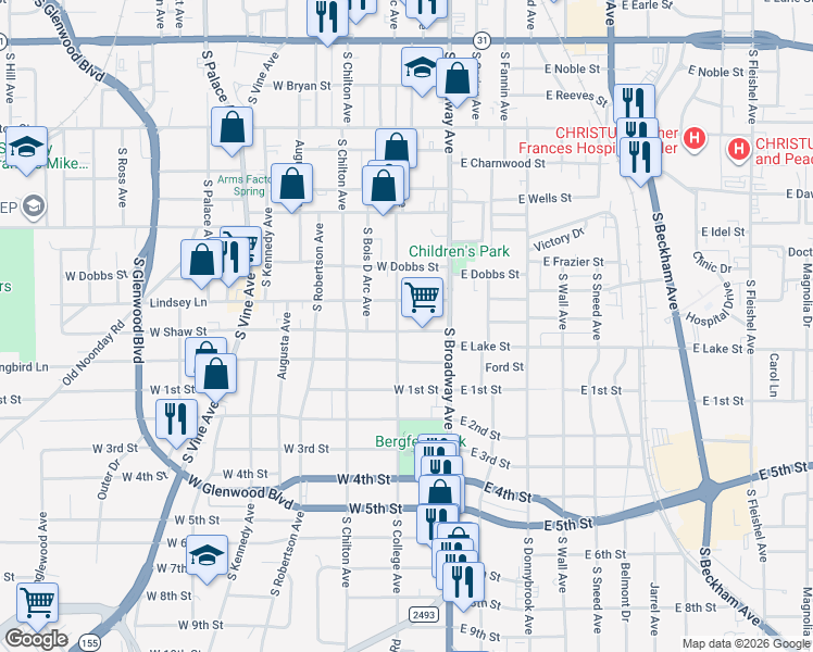 map of restaurants, bars, coffee shops, grocery stores, and more near 215 West Shaw Street in Tyler