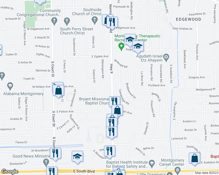 map of restaurants, bars, coffee shops, grocery stores, and more near 424 East Delano Avenue in Montgomery
