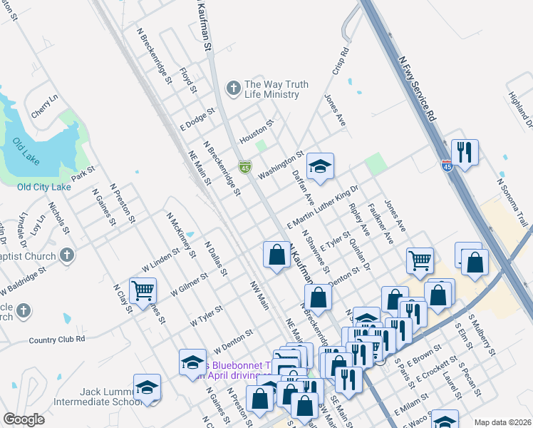 map of restaurants, bars, coffee shops, grocery stores, and more near 1101 North Kaufman Street in Ennis