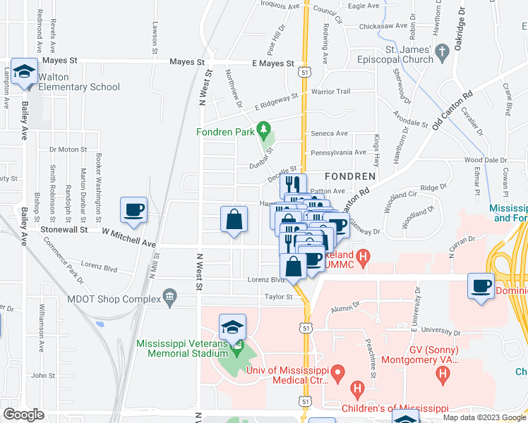 map of restaurants, bars, coffee shops, grocery stores, and more near 3062 Oxford Avenue in Jackson