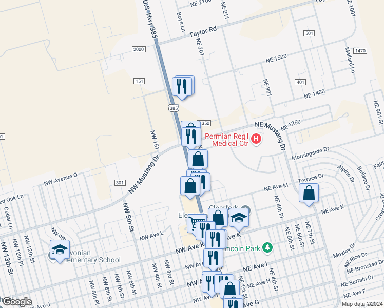 map of restaurants, bars, coffee shops, grocery stores, and more near 1518 North Main Street in Andrews