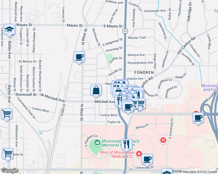 map of restaurants, bars, coffee shops, grocery stores, and more near 3057 Oxford Avenue in Jackson