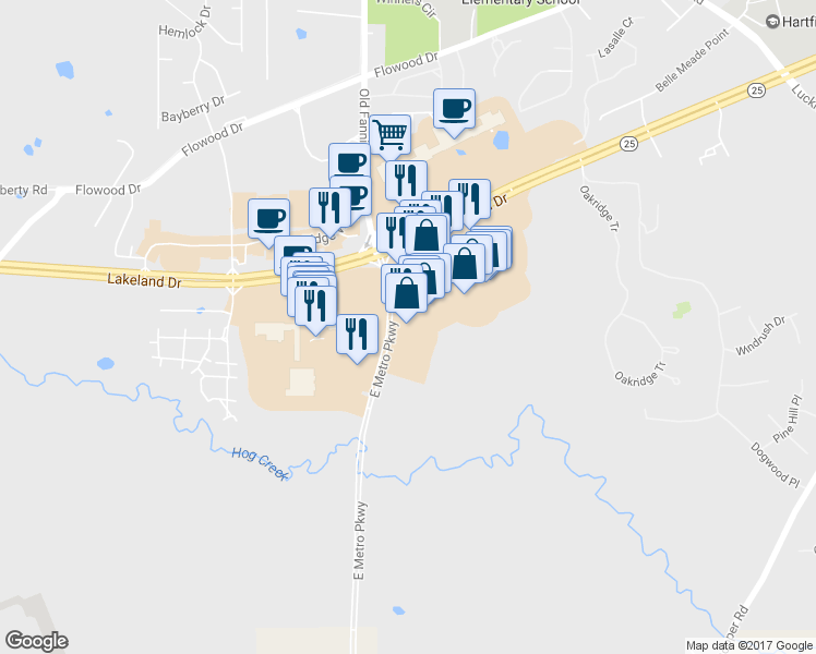 map of restaurants, bars, coffee shops, grocery stores, and more near 268 Dogwood Boulevard in Flowood