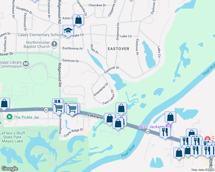 map of restaurants, bars, coffee shops, grocery stores, and more near 2259 Greenbriar Drive in Jackson