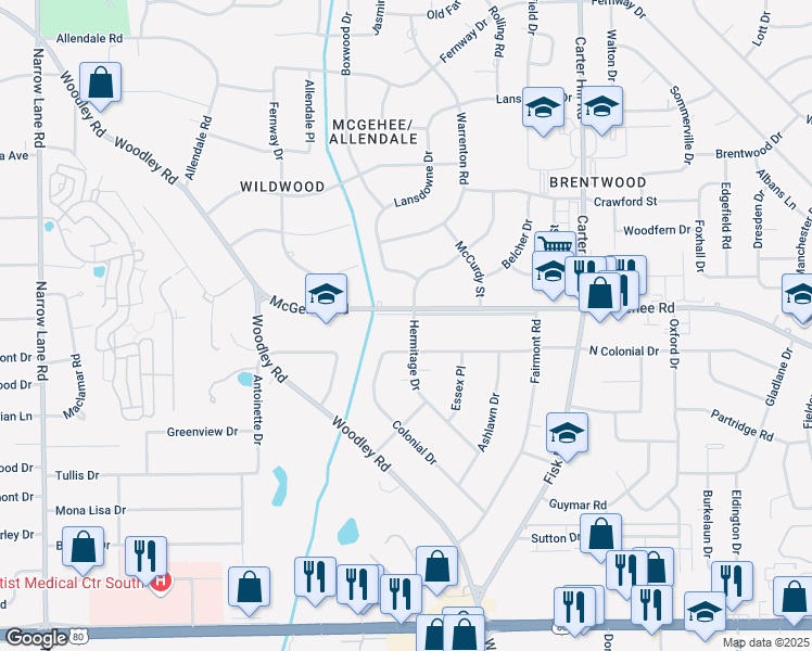 map of restaurants, bars, coffee shops, grocery stores, and more near 2602 Hermitage Drive in Montgomery