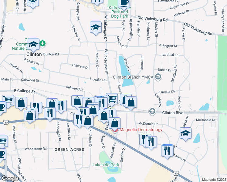 map of restaurants, bars, coffee shops, grocery stores, and more near 108 West Lakeview Drive in Clinton