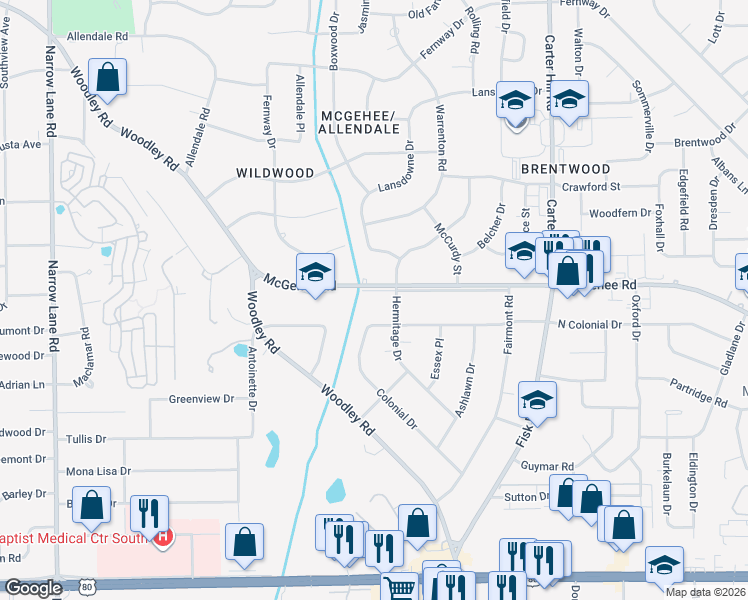 map of restaurants, bars, coffee shops, grocery stores, and more near 2718 Greenbriar Road in Montgomery