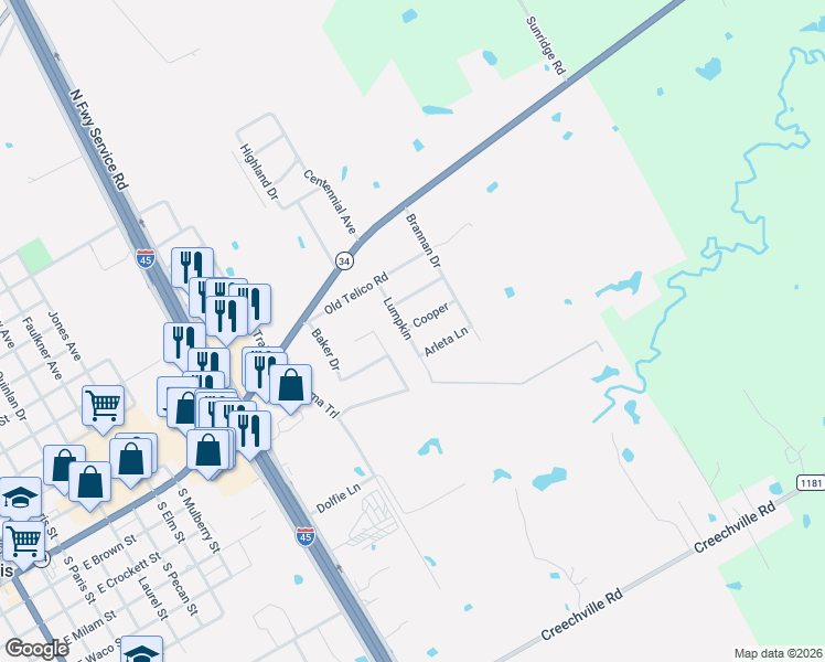map of restaurants, bars, coffee shops, grocery stores, and more near 600 Cooper in Ennis