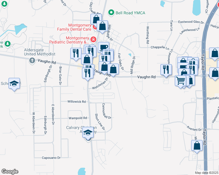 map of restaurants, bars, coffee shops, grocery stores, and more near 7034 Watchman Circle in Montgomery
