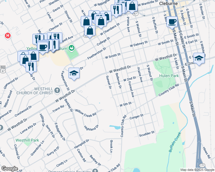 map of restaurants, bars, coffee shops, grocery stores, and more near 402 Sunset Drive in Cleburne