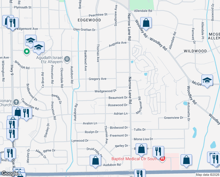 map of restaurants, bars, coffee shops, grocery stores, and more near 1427 Wedgewood Drive in Montgomery