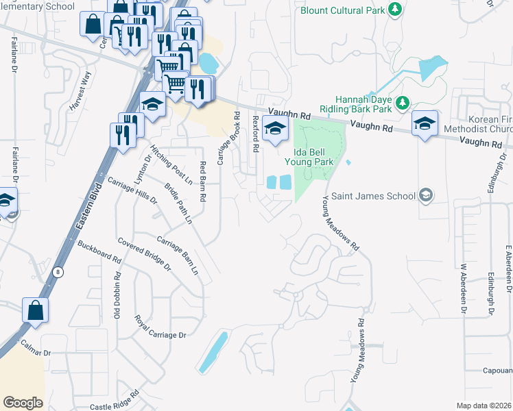 map of restaurants, bars, coffee shops, grocery stores, and more near 2144 Rexford Road in Montgomery