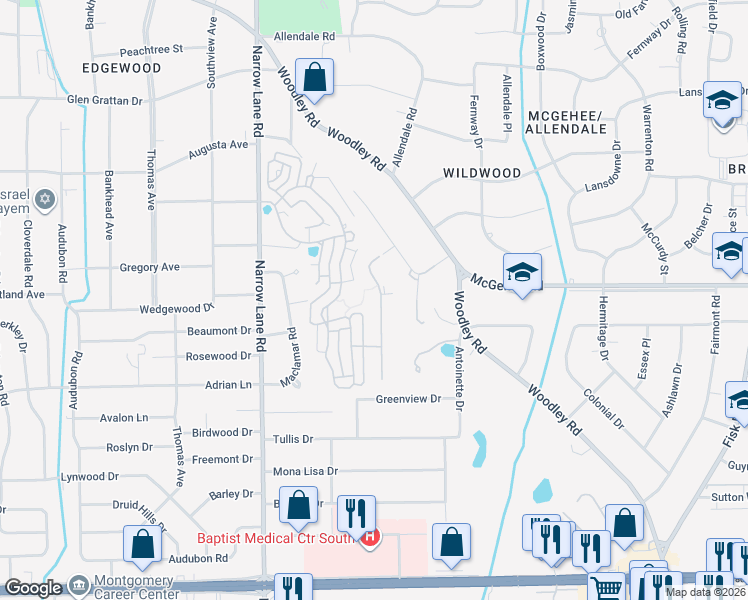 map of restaurants, bars, coffee shops, grocery stores, and more near 2527-2573 Gunster Road in Montgomery
