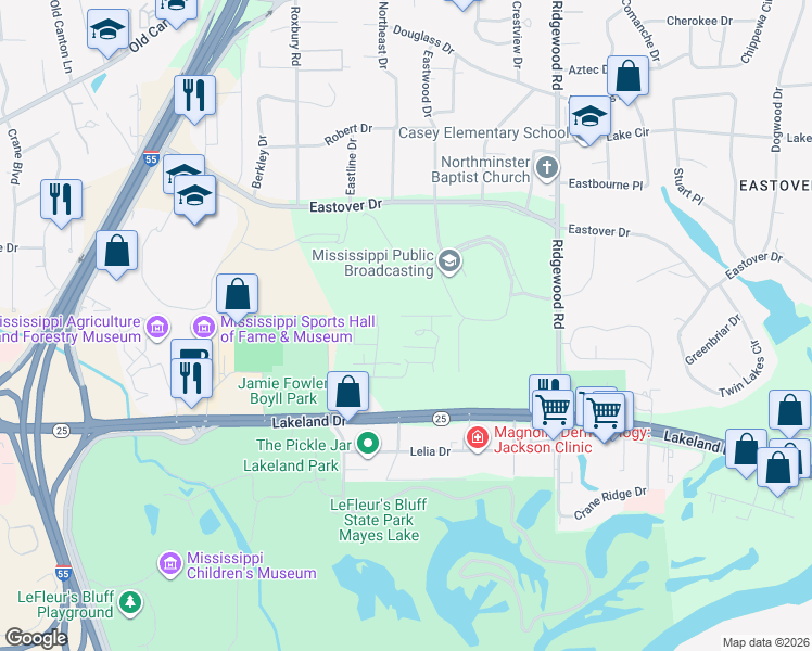 map of restaurants, bars, coffee shops, grocery stores, and more near 246 Eastbrooke Street in Jackson