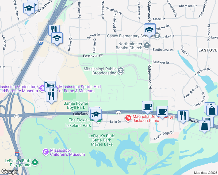 map of restaurants, bars, coffee shops, grocery stores, and more near 246 Eastbrooke Street in Jackson